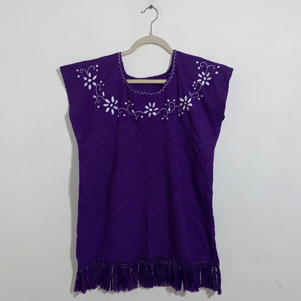 Mexican Hand Embroidered Cotton Top with Fringe
